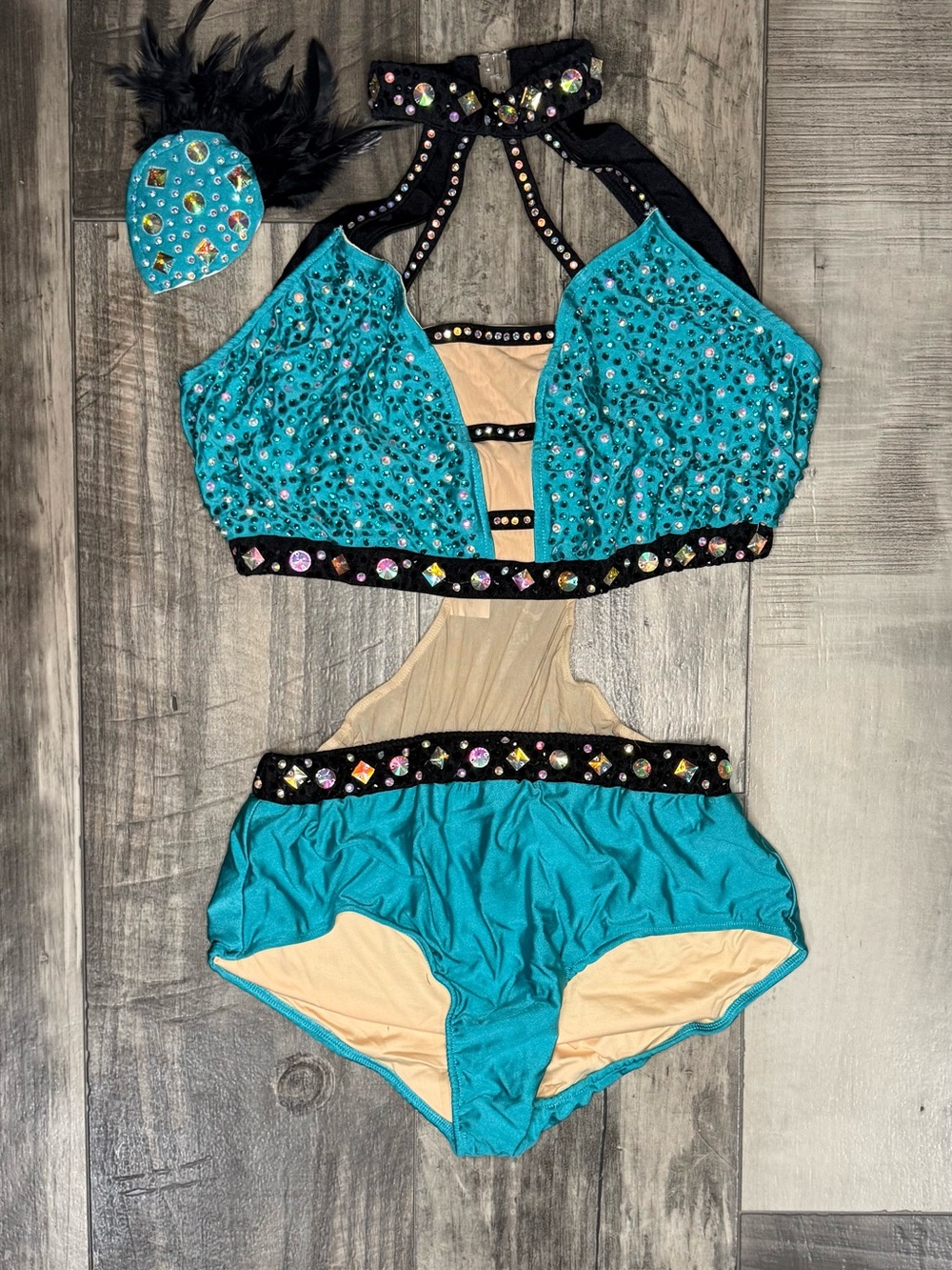 Glamour costume Teal Gem-Embellished One-Piece Dance Costume